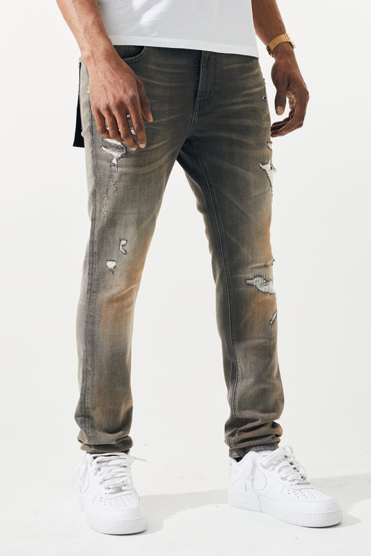 KROME Men's Skinny Fit Rip and Repair Prism Jeans - Grey