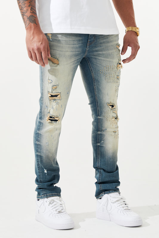 KROME Men's Skinny Fit Rip and Repair Edge Jeans - Aqua Blue