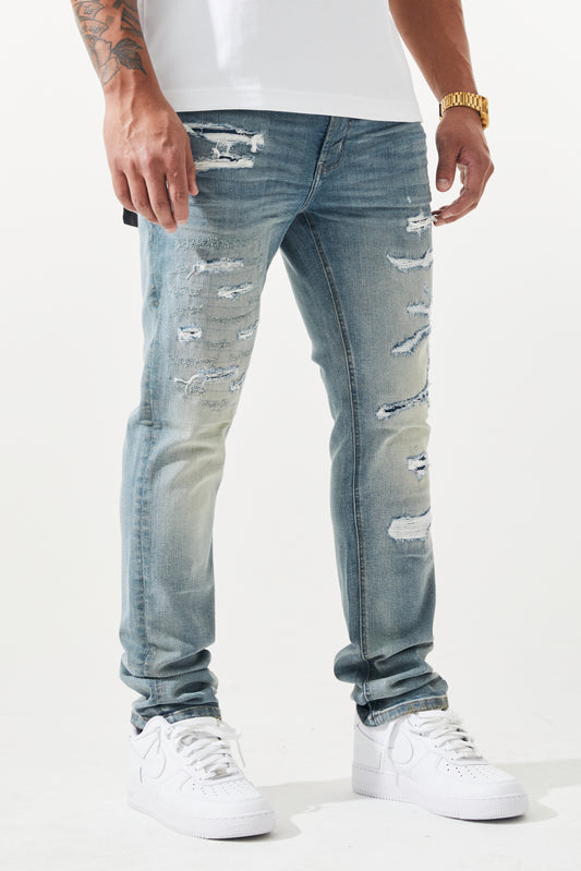 KROME Men's Skinny Fit Rip and Repair Cielo Jeans - Cloud Blue