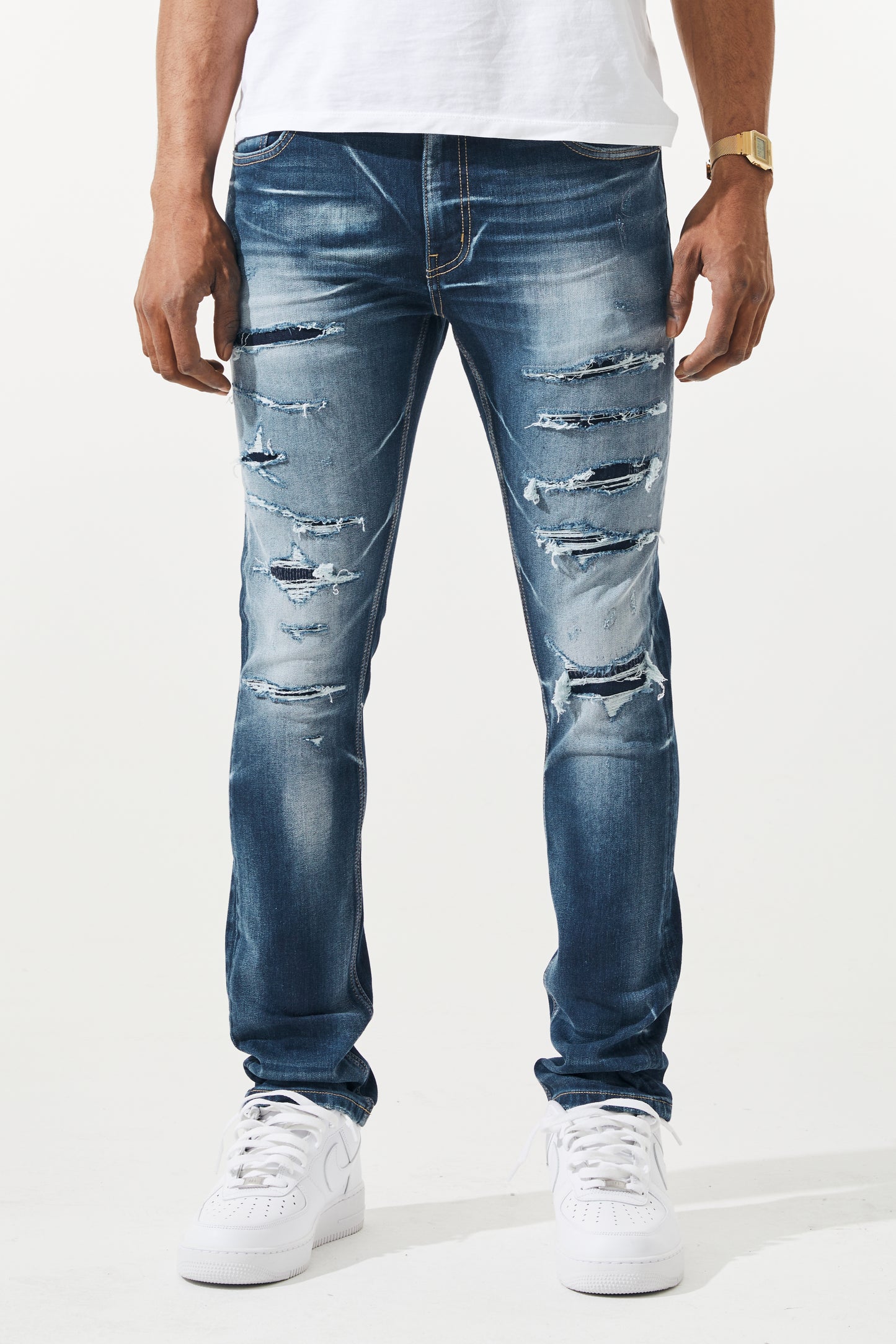 KROME Men's Premium Skinny Fit Rip and Repair Harlem Jeans - True Indigo