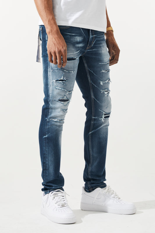 KROME Men's Premium Skinny Fit Rip and Repair Harlem Jeans - True Indigo
