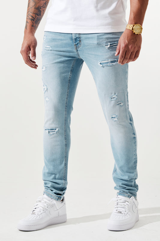 KROME Men's Skinny Fit Rip and Repair Nova Jeans - Light Indigo