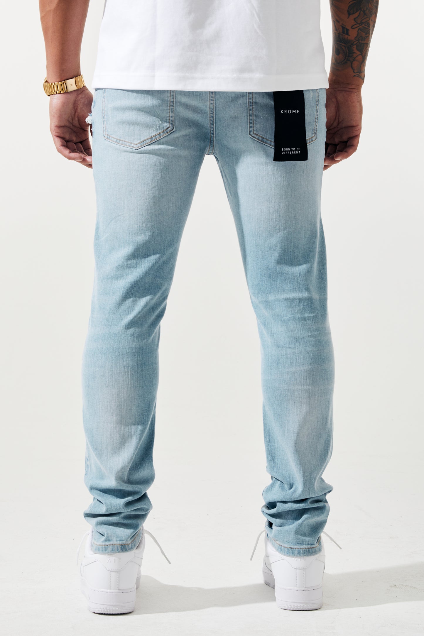 KROME Men's Skinny Fit Rip and Repair Nova Jeans - Light Indigo