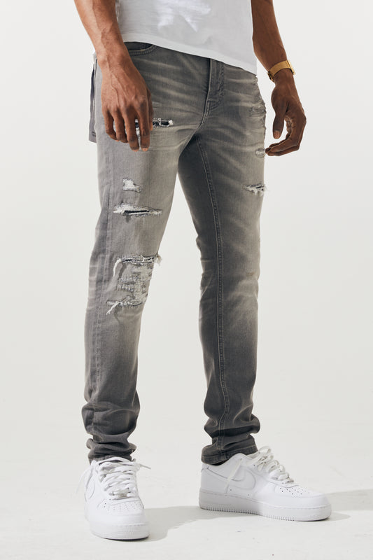 KROME Men's Premium Skinny Fit Rip and Repair Drift Jeans - Grey