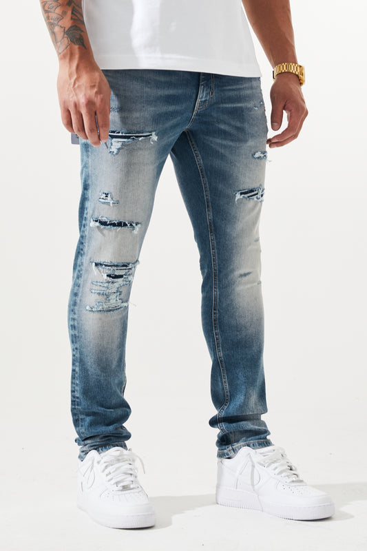 KROME Men's Premium Skinny Fit Rip and Repair Drift Jeans - Marine Blue