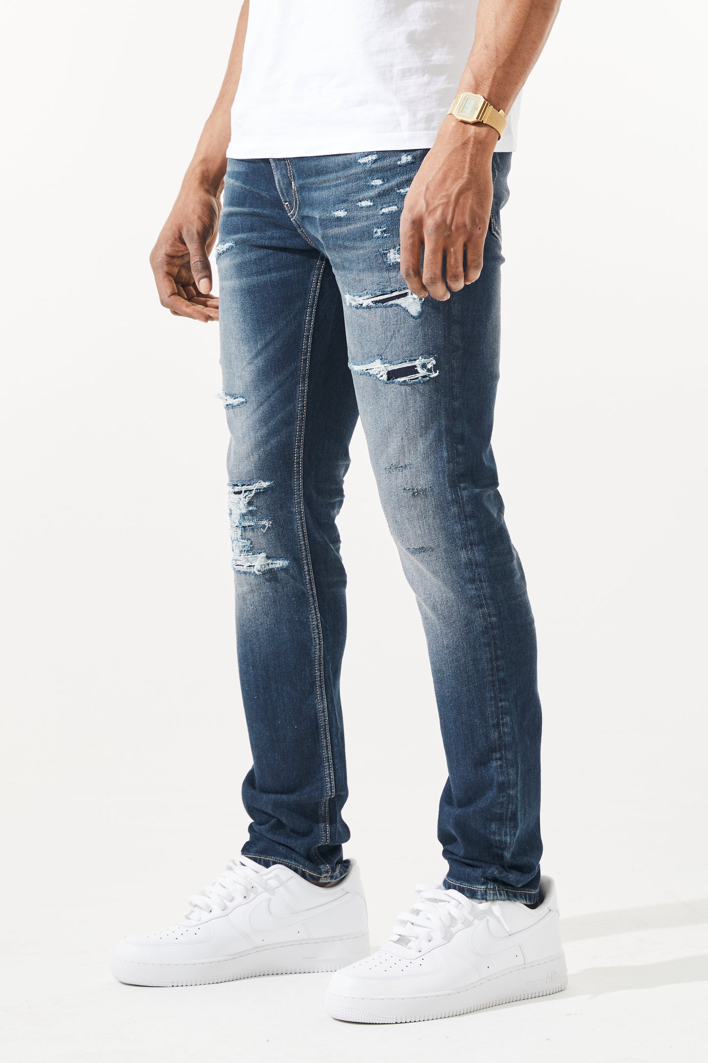 KROME Men's Premium Skinny Fit Rip and Repair Drift Jeans - Wine Blue
