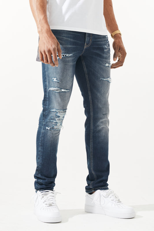 KROME Men's Premium Skinny Fit Rip and Repair Drift Jeans - Wine Blue