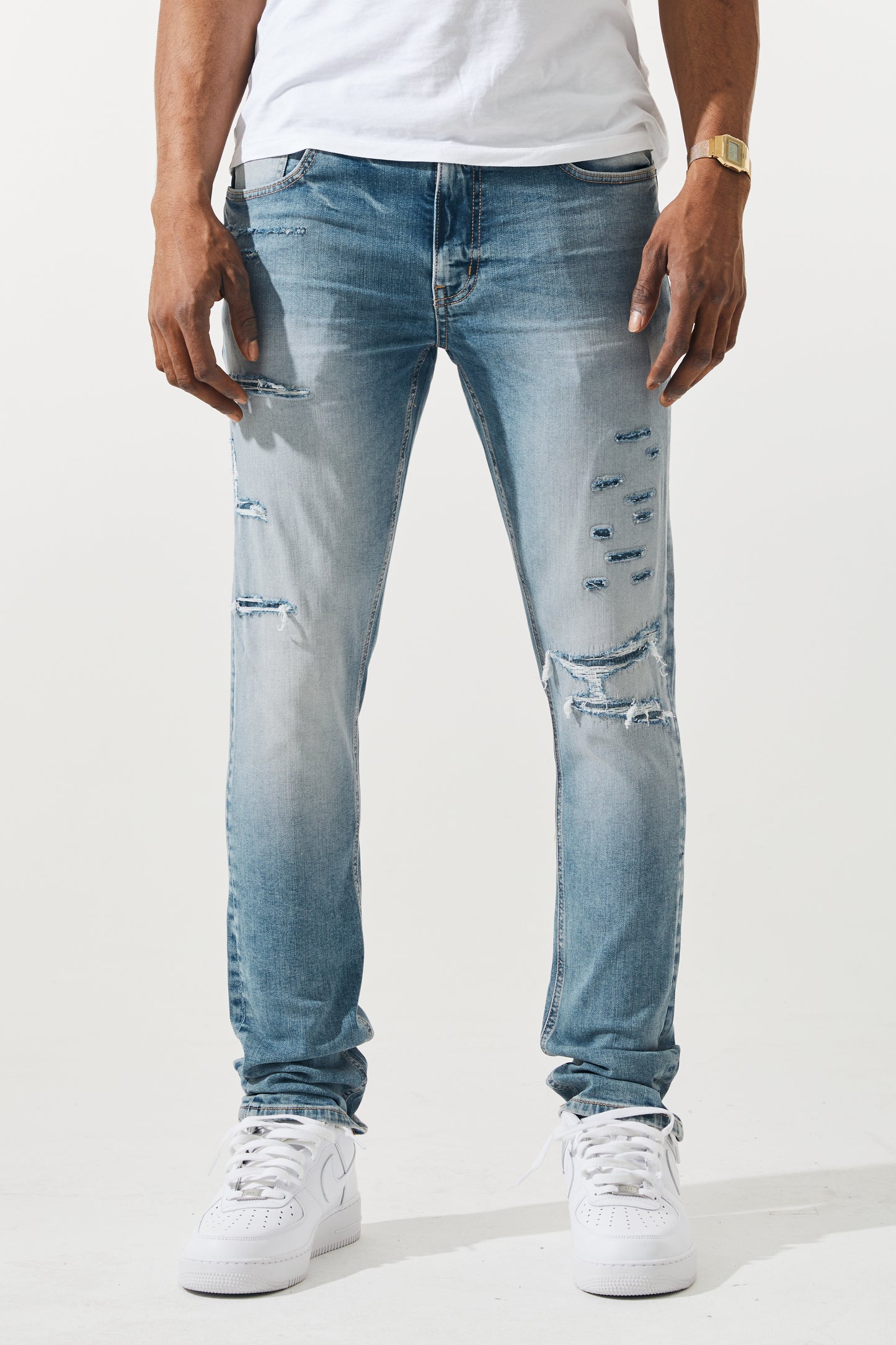 KROME Men's Premium Skinny Fit Rip and Repair Ghost Jeans - Soft Blue
