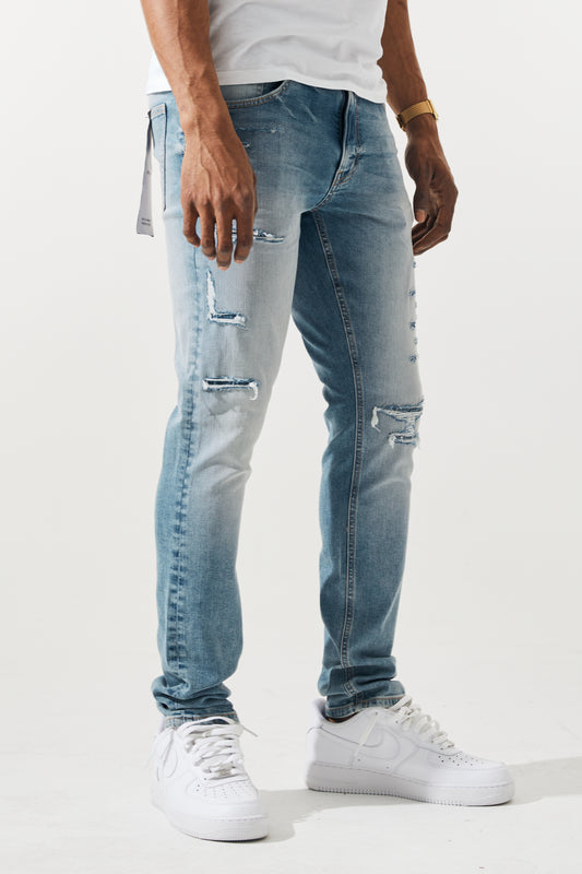 KROME Men's Premium Skinny Fit Rip and Repair Ghost Jeans - Soft Blue