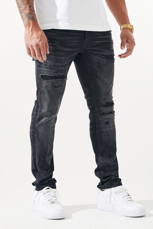 KROME Men's Premium Skinny Fit Rip and Repair Chaotic Jeans - Black