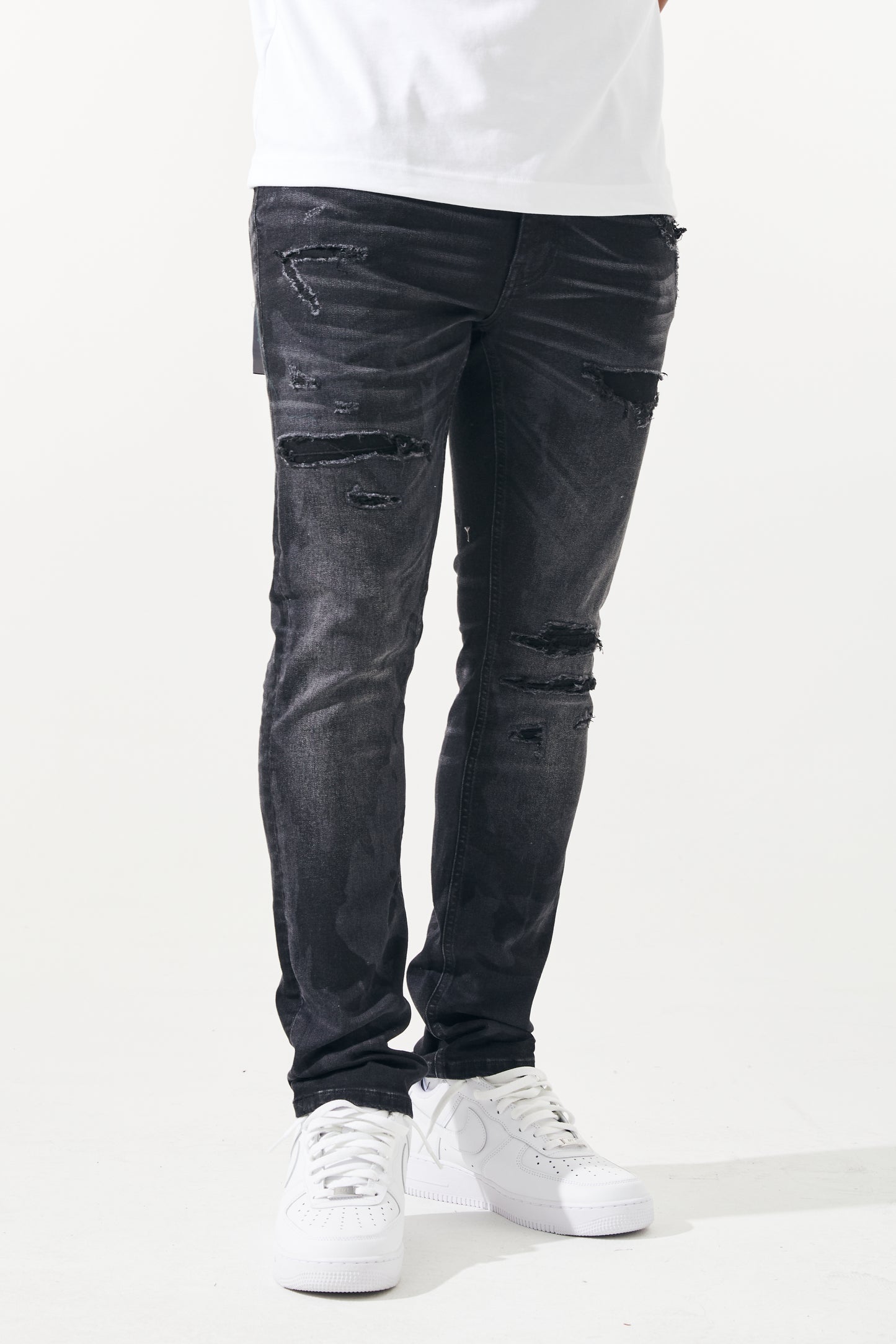 KROME Men's Premium Skinny Fit Rip and Repair Chaotic Jeans - Black