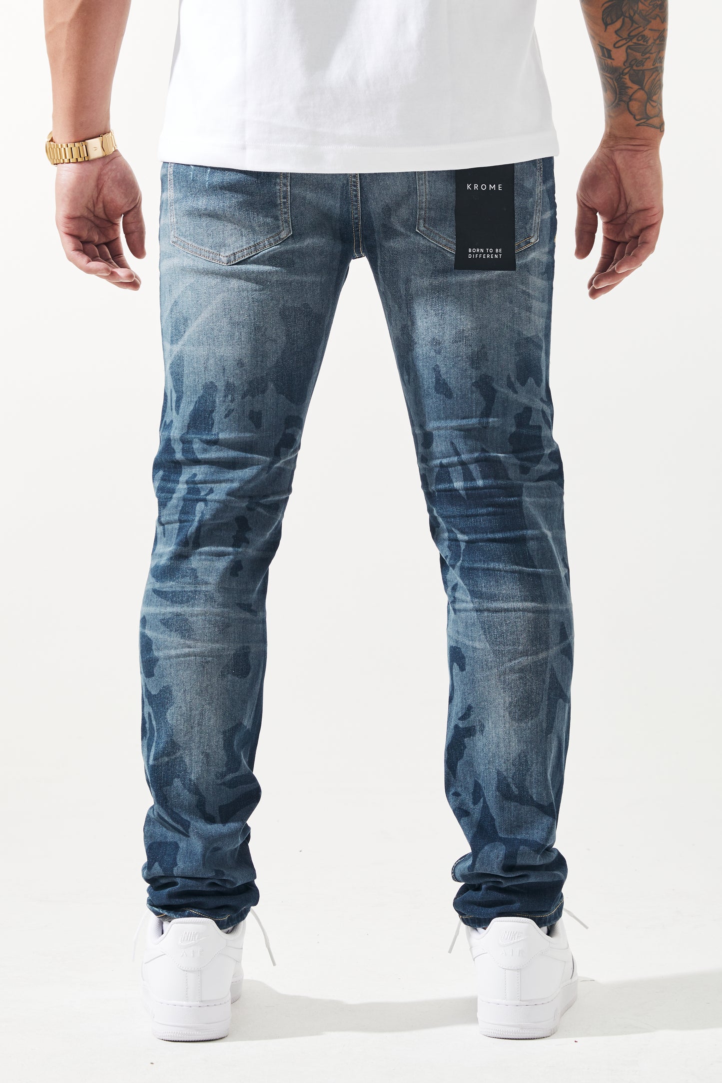 KROME Men's Premium Skinny Fit Rip and Repair Chaotic Jeans - Blue