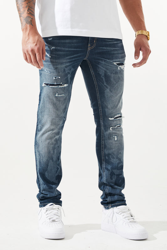 KROME Men's Premium Skinny Fit Rip and Repair Chaotic Jeans - Blue