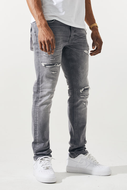 KROME Men's Premium Skinny Fit Rip and Repair Chaotic Jeans - Grey