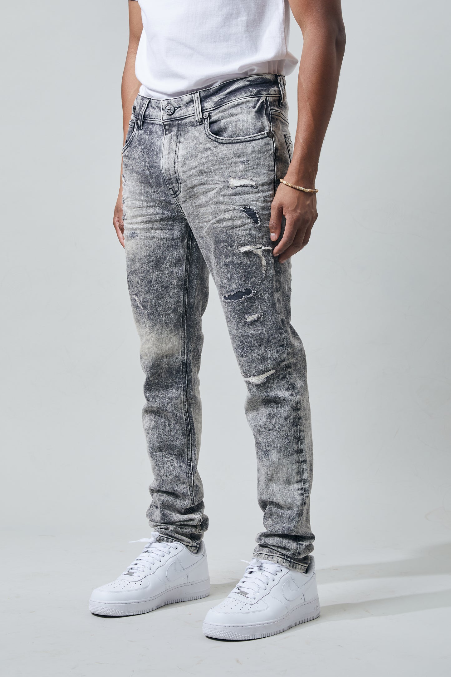 KROME Men's Skinny Fit Rip and Repair Bleach Jeans - Gray