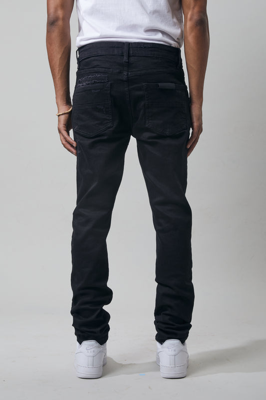 KROME Men's Skinny Fit Rip and Repair Bronx Jeans - Jet Black