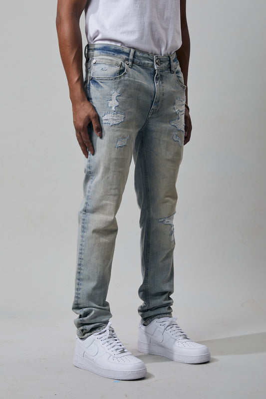 KROME Men's Skinny Fit Rip and Repair Noir Jeans - Ecru Blue