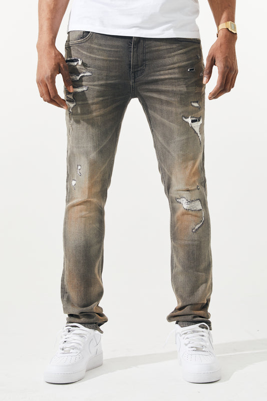 KROME Men's Skinny Fit Rip and Repair Prism Jeans - Grey