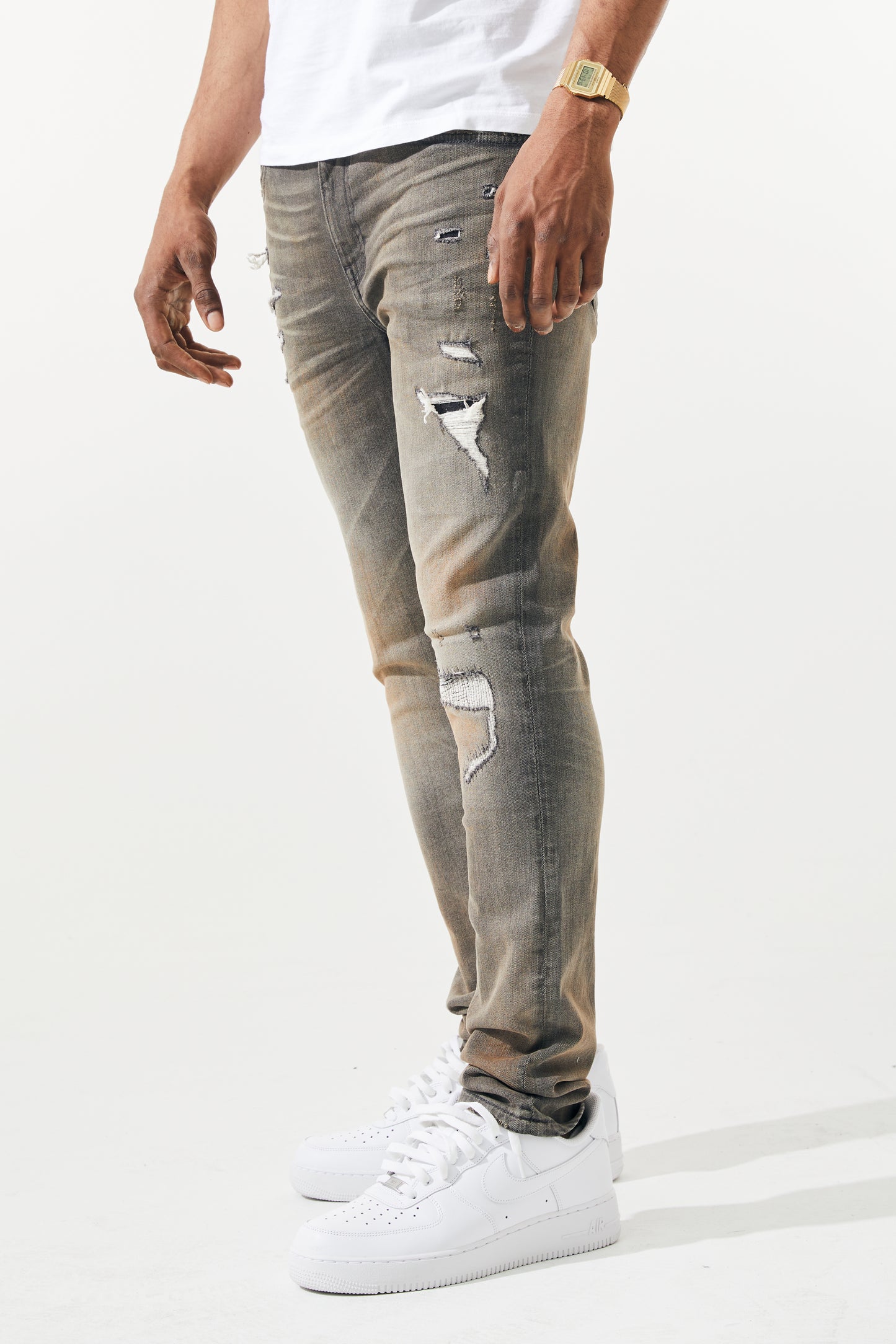 KROME Men's Skinny Fit Rip and Repair Prism Jeans - Grey
