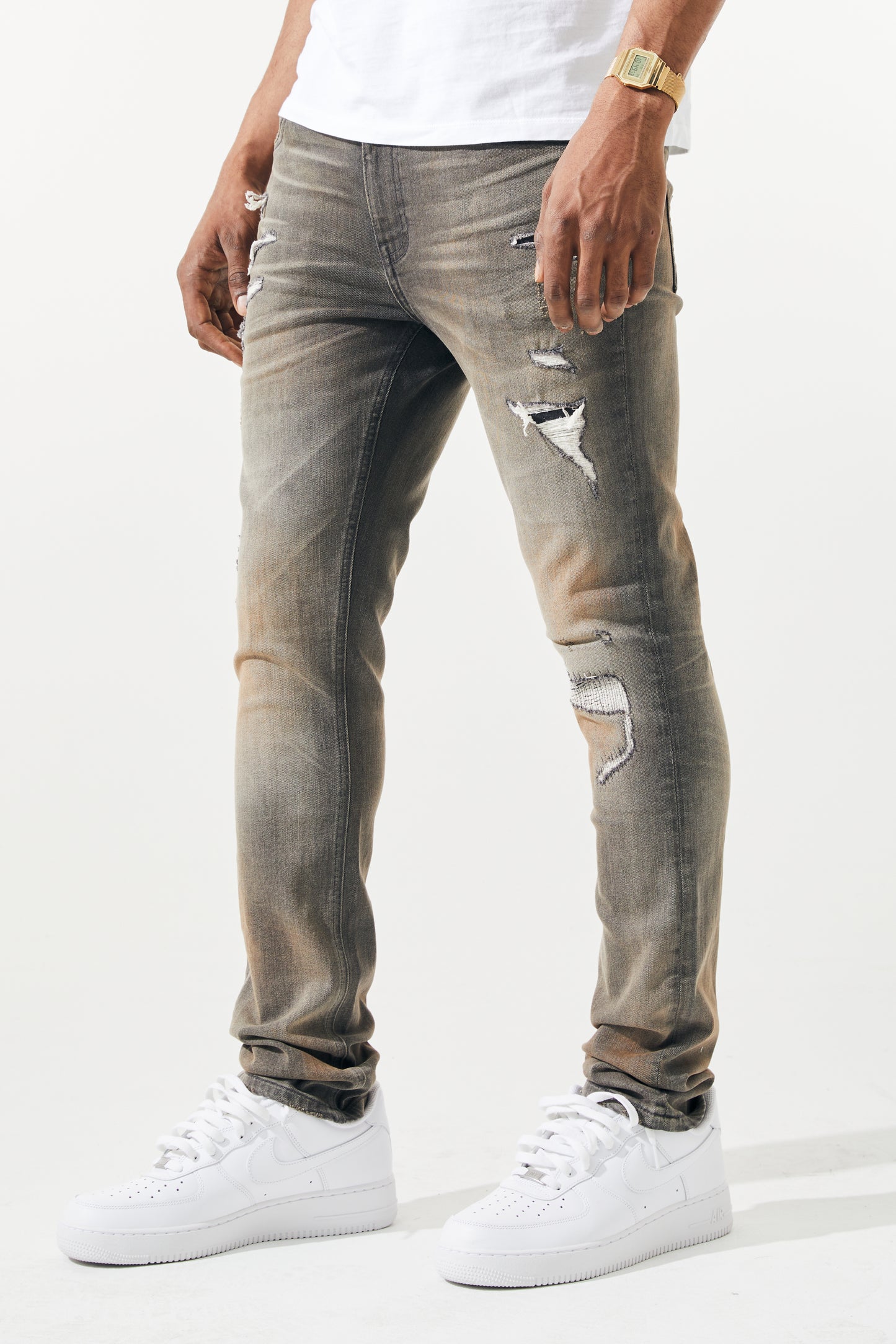 KROME Men's Skinny Fit Rip and Repair Prism Jeans - Grey