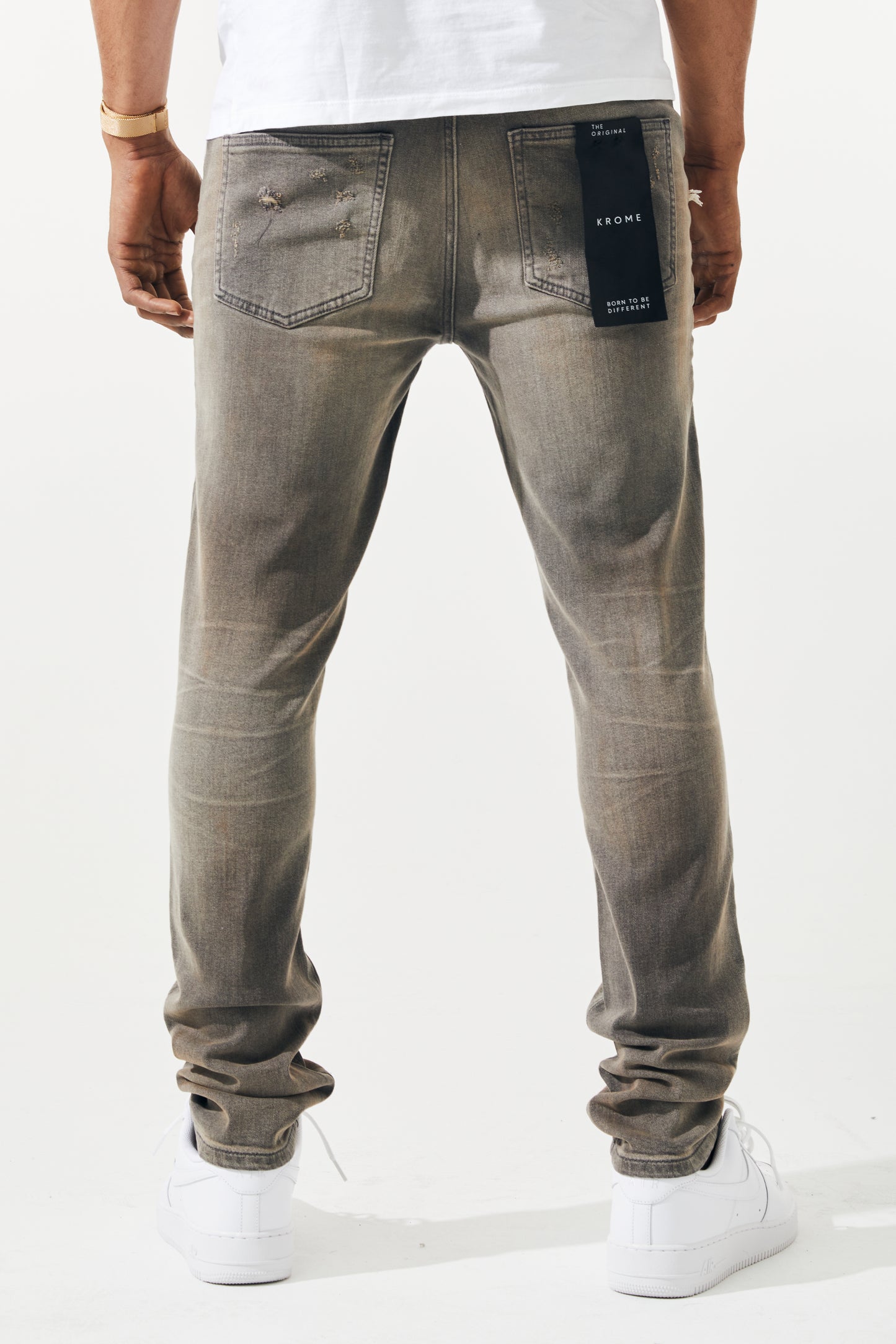 KROME Men's Skinny Fit Rip and Repair Prism Jeans - Grey