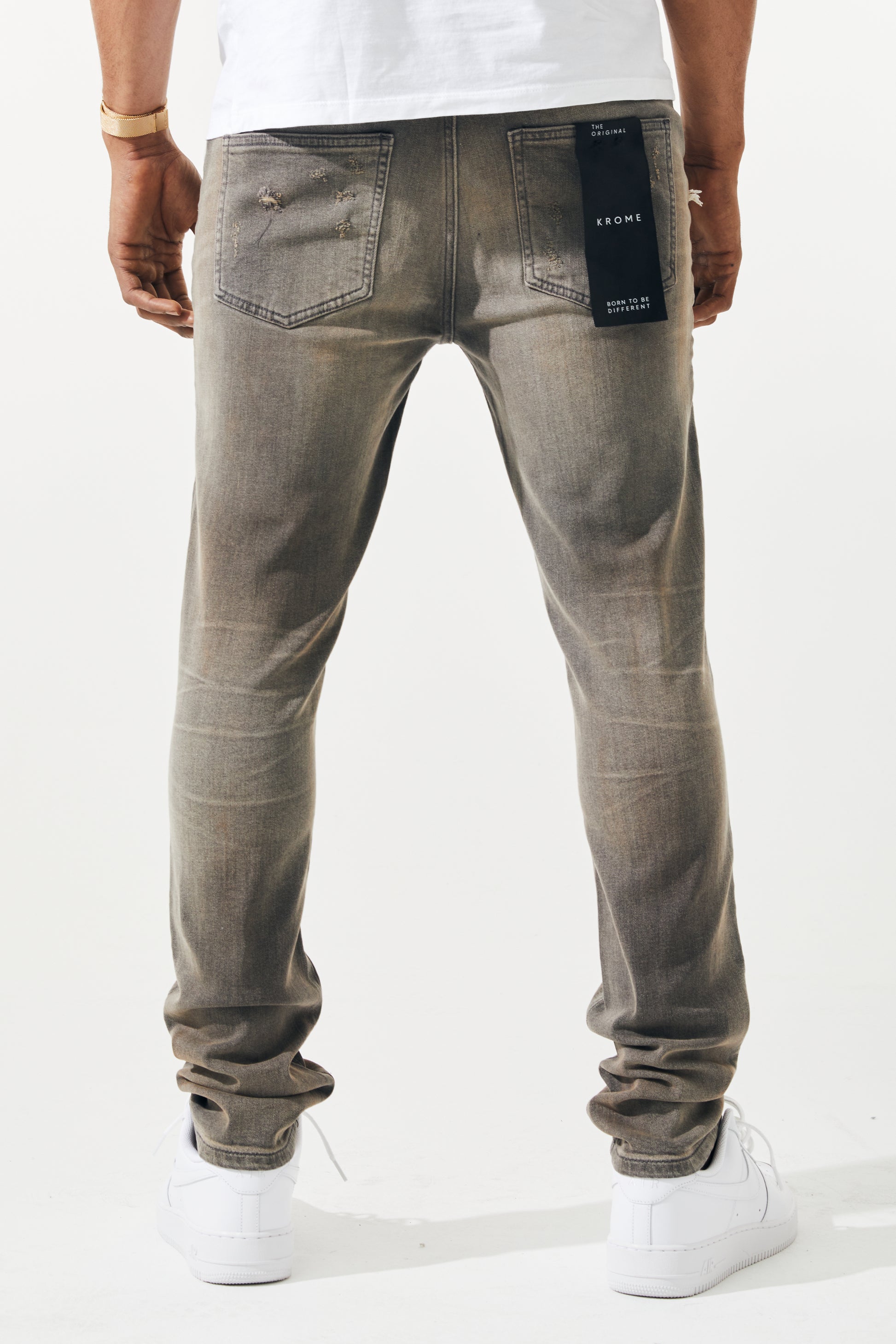 KROME Men's Skinny Fit Rip and Repair Prism Jeans - Grey