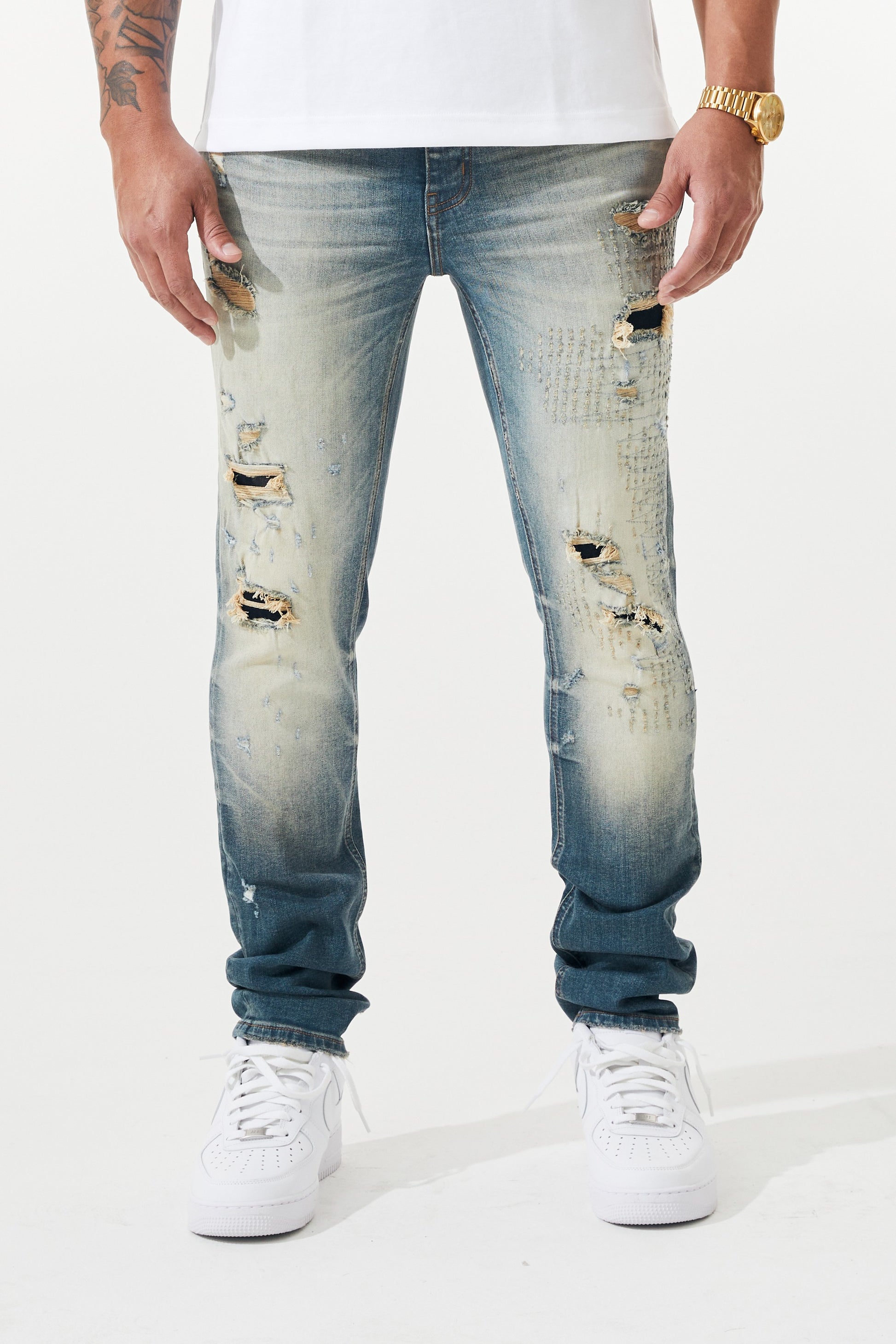 KROME Men's Skinny Fit Rip and Repair Edge Jeans - Aqua Blue