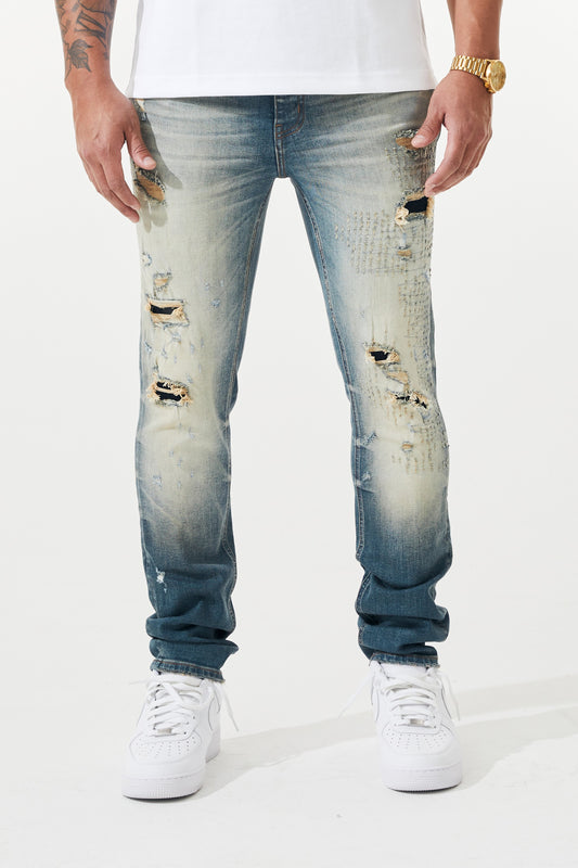 KROME Men's Skinny Fit Rip and Repair Edge Jeans - Aqua Blue