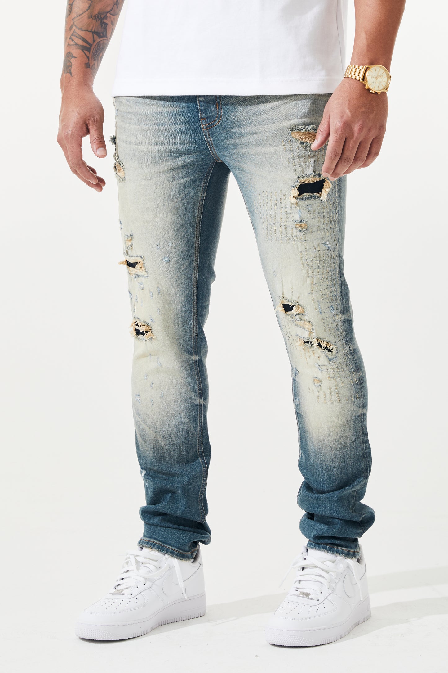 KROME Men's Skinny Fit Rip and Repair Edge Jeans - Aqua Blue