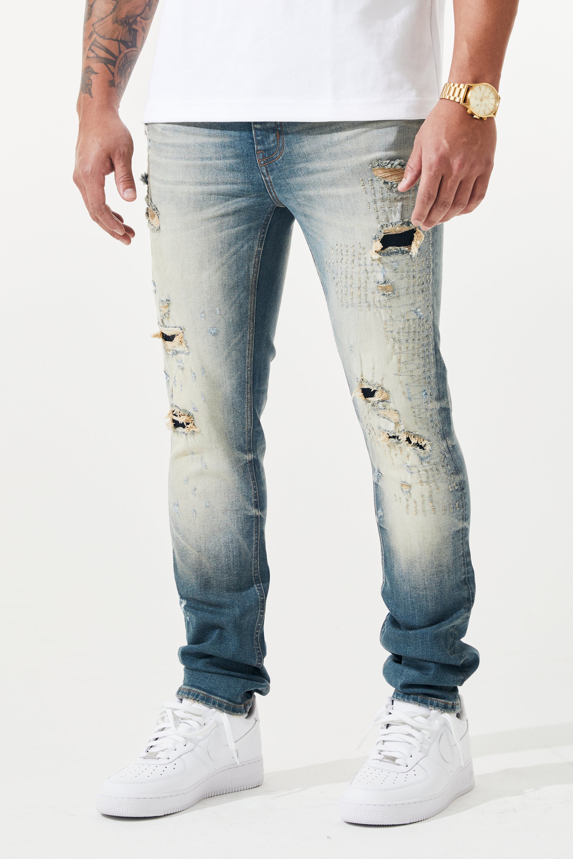 KROME Men's Skinny Fit Rip and Repair Edge Jeans - Aqua Blue