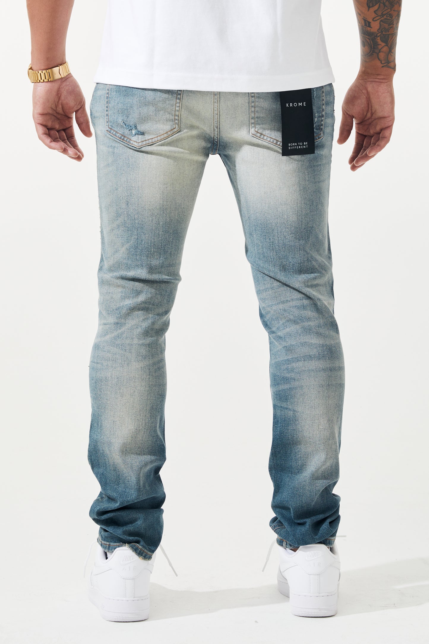 KROME Men's Skinny Fit Rip and Repair Edge Jeans - Aqua Blue