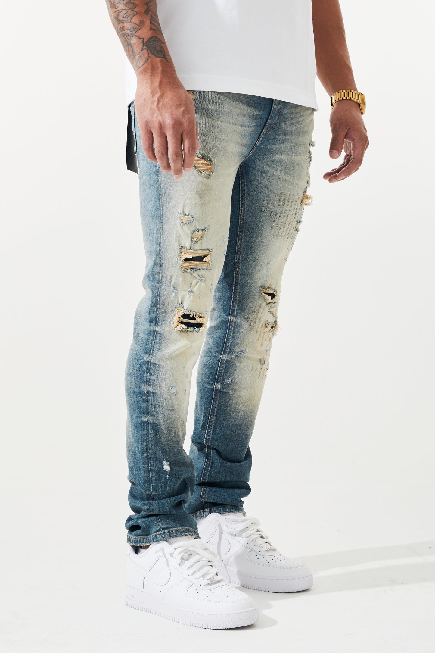 KROME Men's Skinny Fit Rip and Repair Edge Jeans - Aqua Blue
