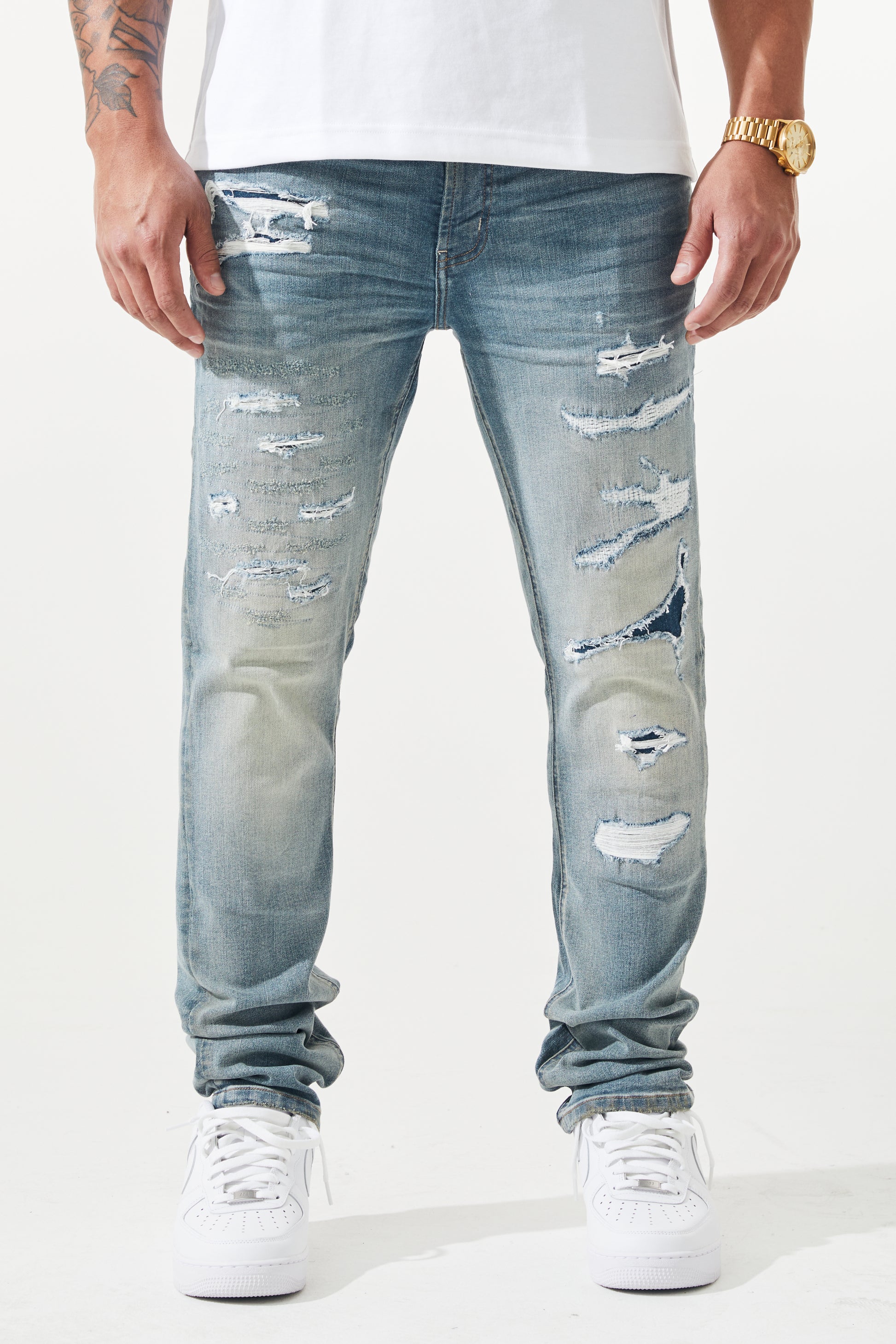 KROME Men's Skinny Fit Rip and Repair Cielo Jeans - Cloud Blue