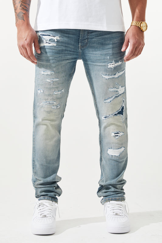 KROME Men's Skinny Fit Rip and Repair Cielo Jeans - Cloud Blue