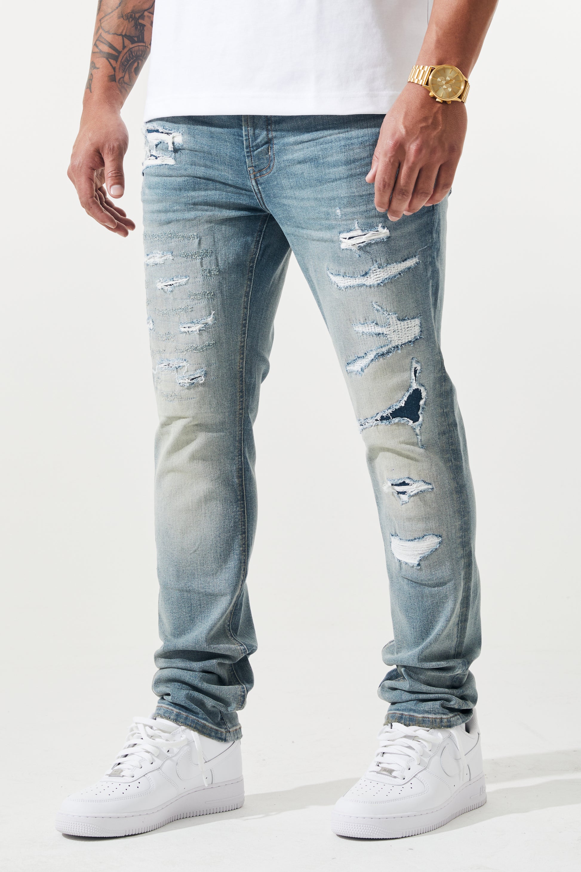 KROME Men's Skinny Fit Rip and Repair Cielo Jeans - Cloud Blue