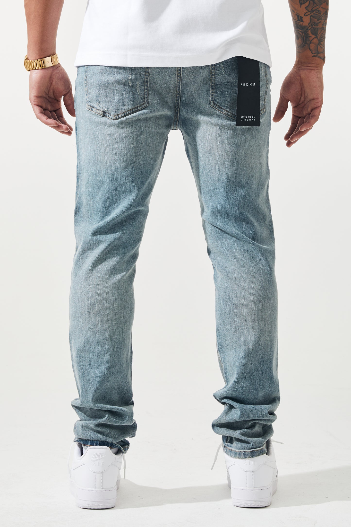 KROME Men's Skinny Fit Rip and Repair Cielo Jeans - Cloud Blue