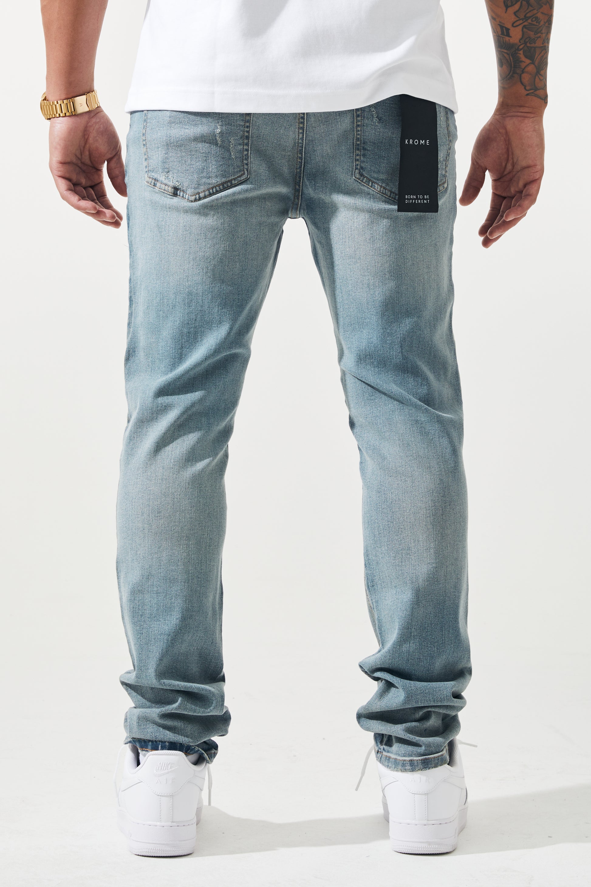 KROME Men's Skinny Fit Rip and Repair Cielo Jeans - Cloud Blue
