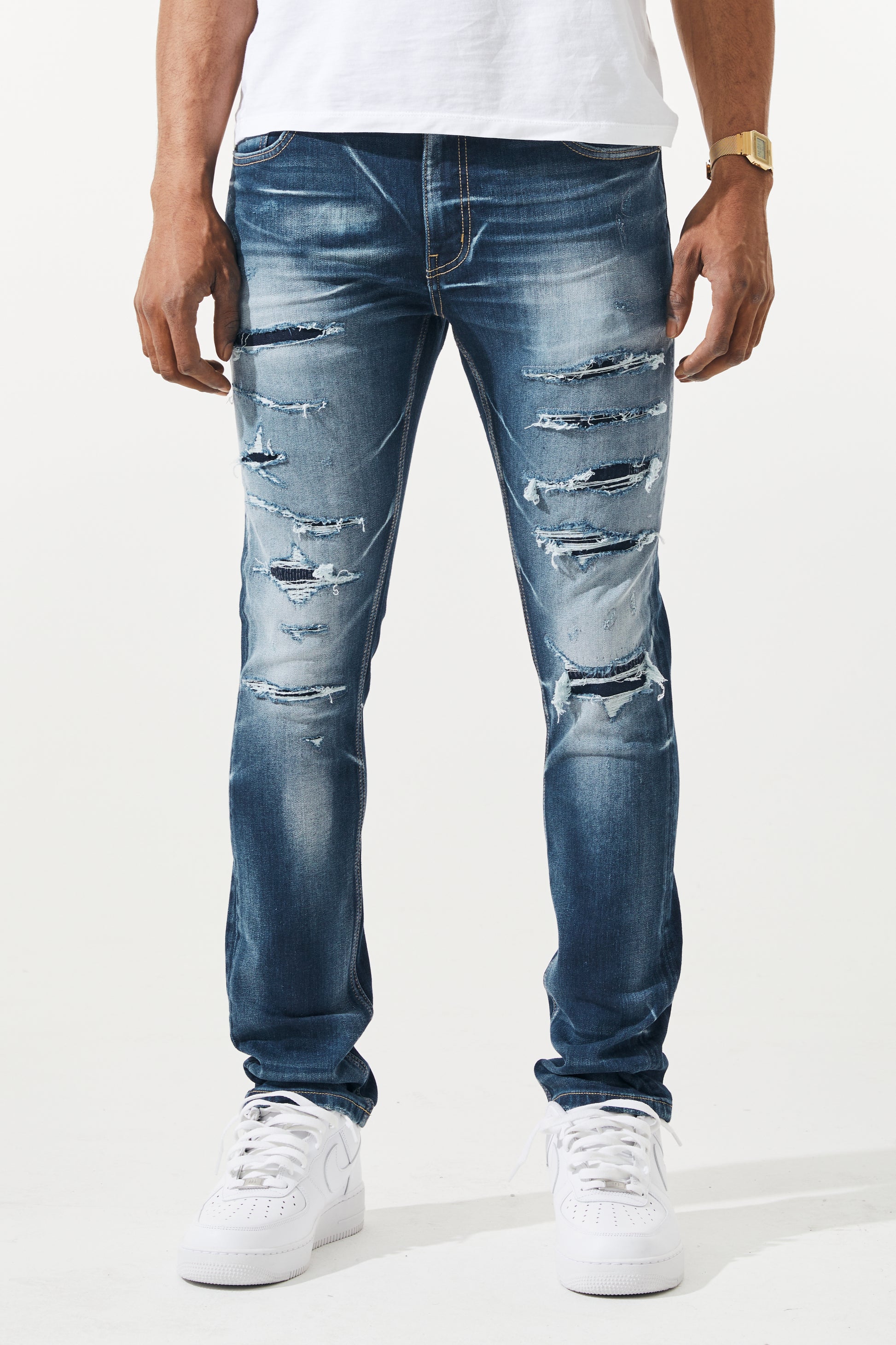 KROME Men's Premium Skinny Fit Rip and Repair Harlem Jeans - True Indigo