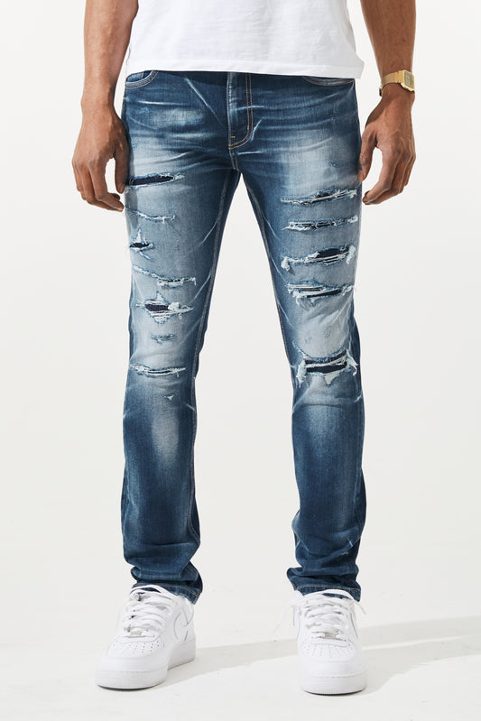 KROME Men's Premium Skinny Fit Rip and Repair Harlem Jeans - True Indigo