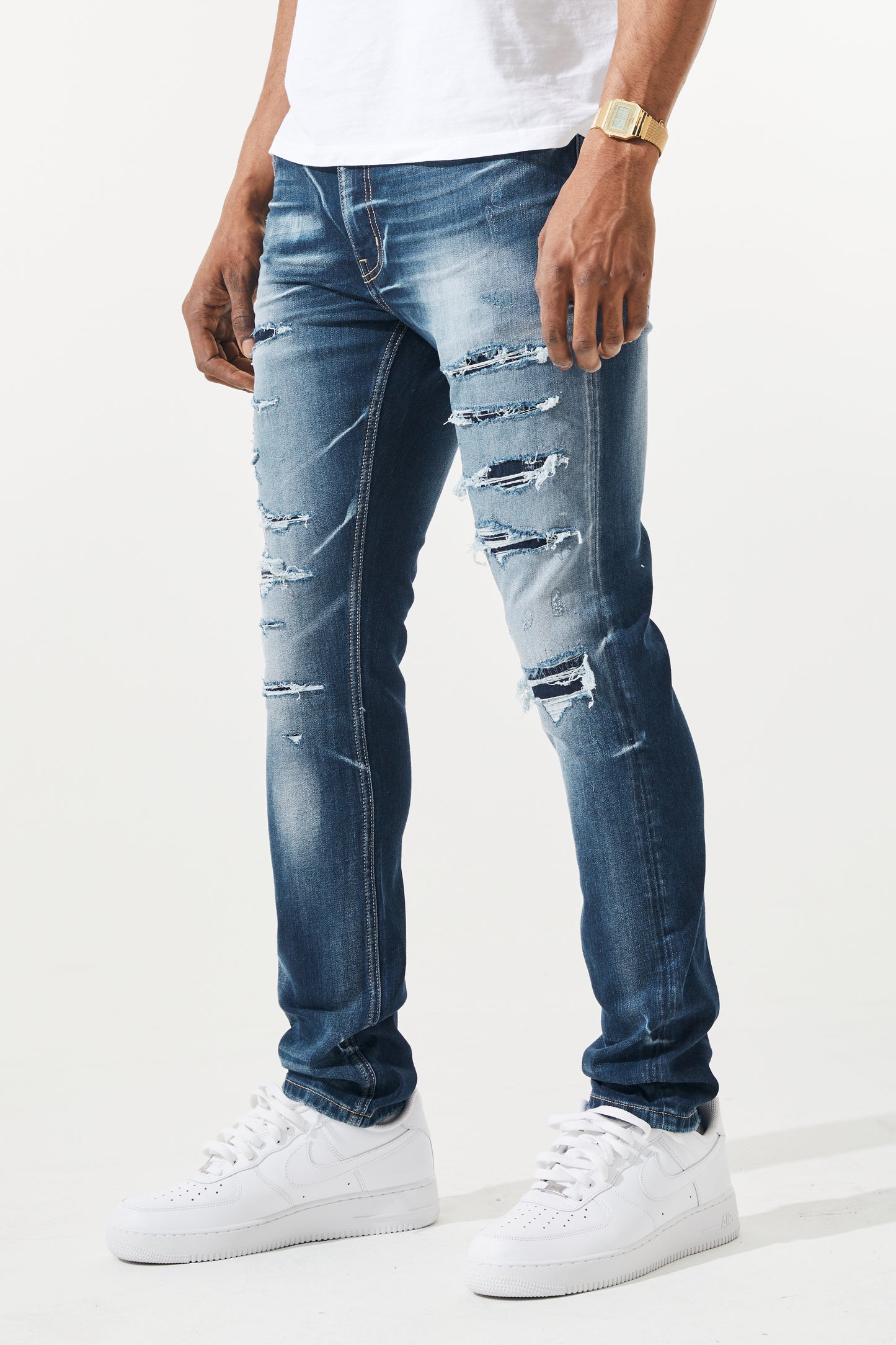 KROME Men's Premium Skinny Fit Rip and Repair Harlem Jeans - True Indigo