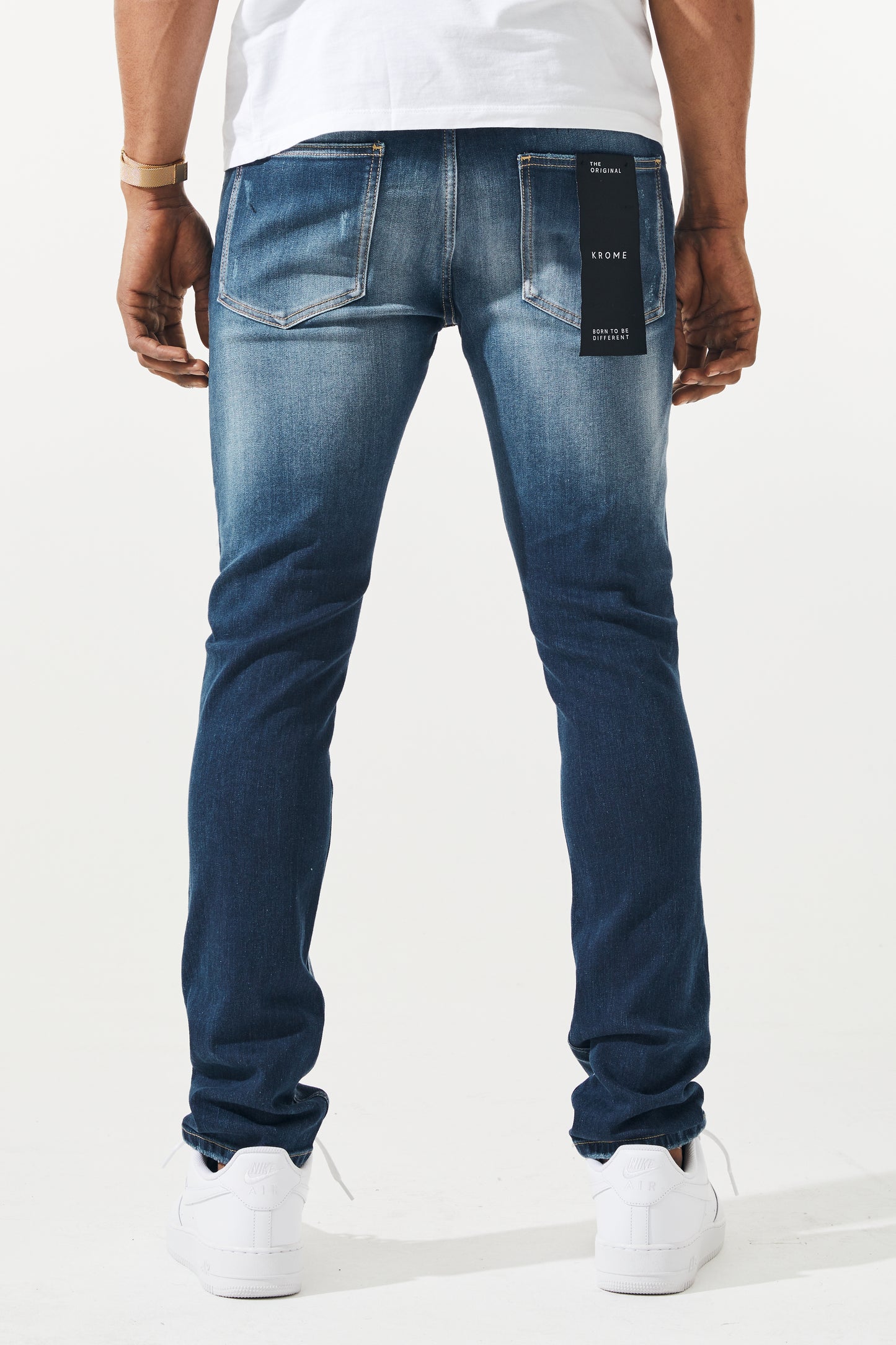 KROME Men's Premium Skinny Fit Rip and Repair Harlem Jeans - True Indigo