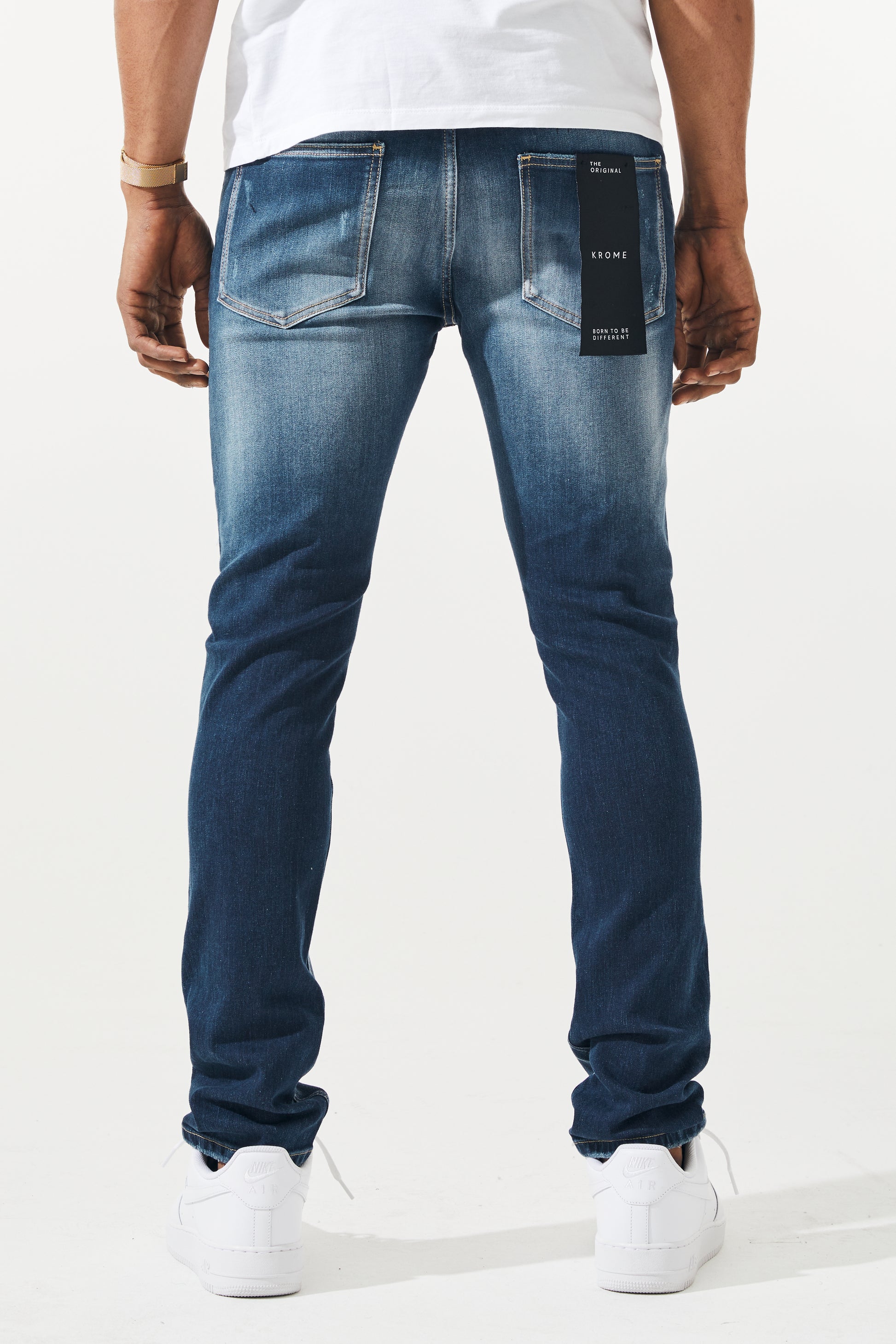 KROME Men's Premium Skinny Fit Rip and Repair Harlem Jeans - True Indigo