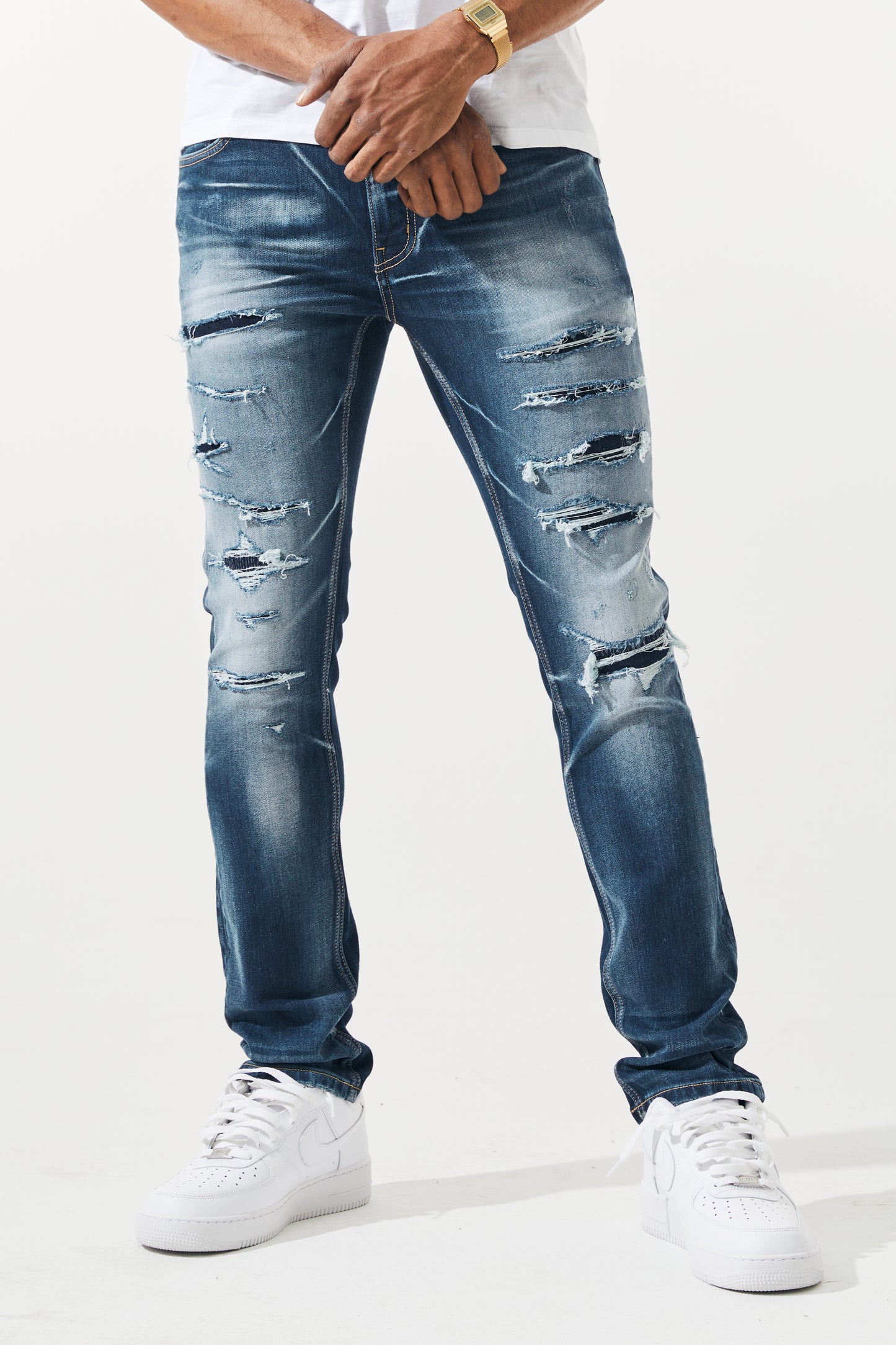 KROME Men's Premium Skinny Fit Rip and Repair Harlem Jeans - True Indigo