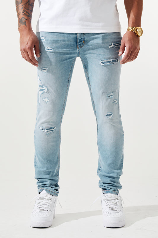 KROME Men's Skinny Fit Rip and Repair Nova Jeans - Light Indigo
