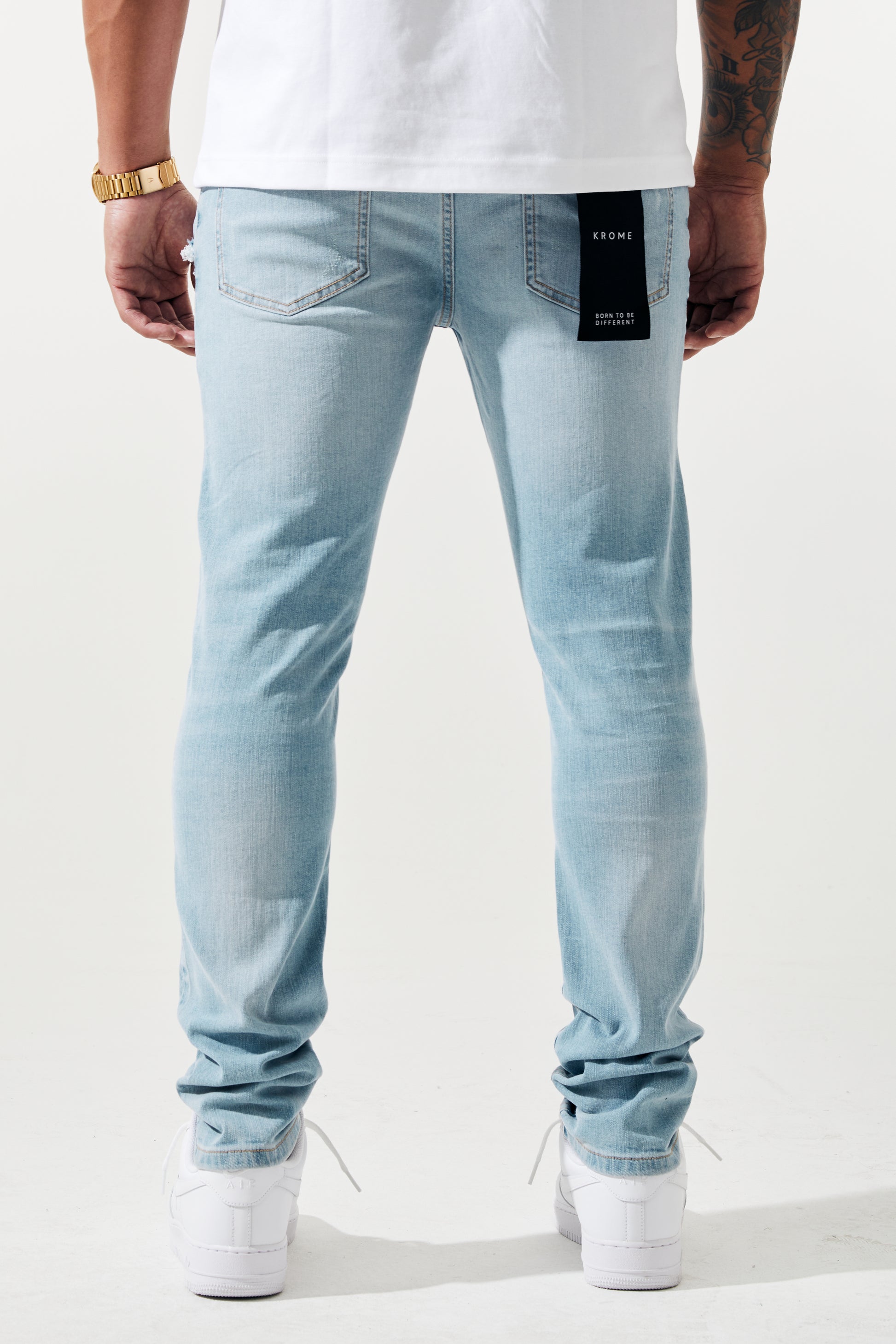 KROME Men's Skinny Fit Rip and Repair Nova Jeans - Light Indigo