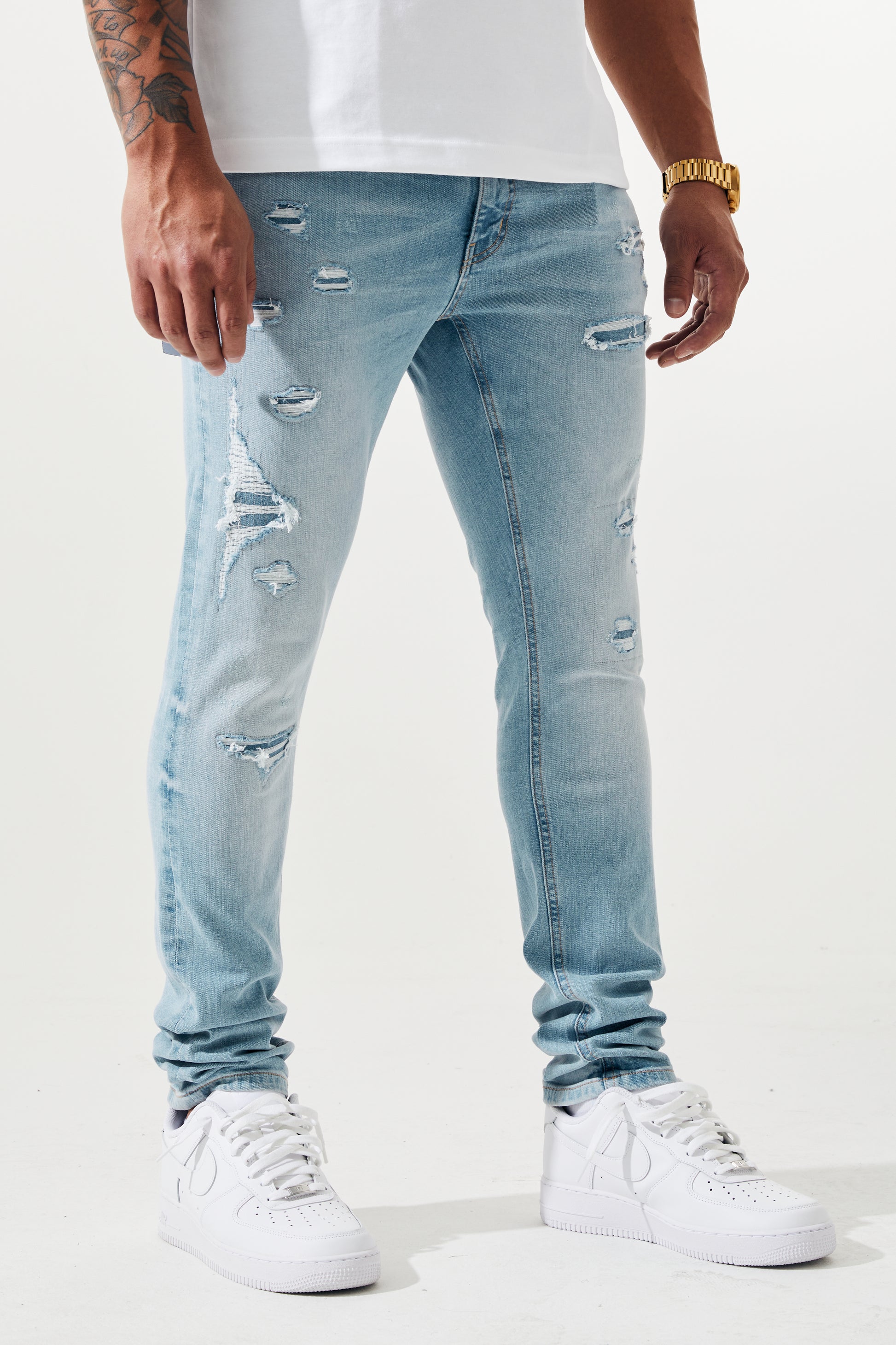 KROME Men's Skinny Fit Rip and Repair Nova Jeans - Light Indigo