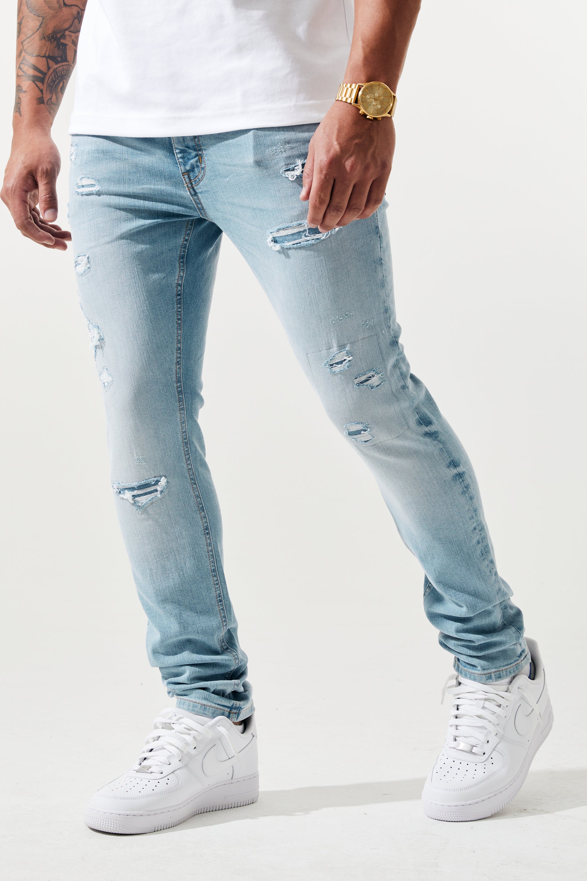 KROME Men's Skinny Fit Rip and Repair Nova Jeans - Light Indigo