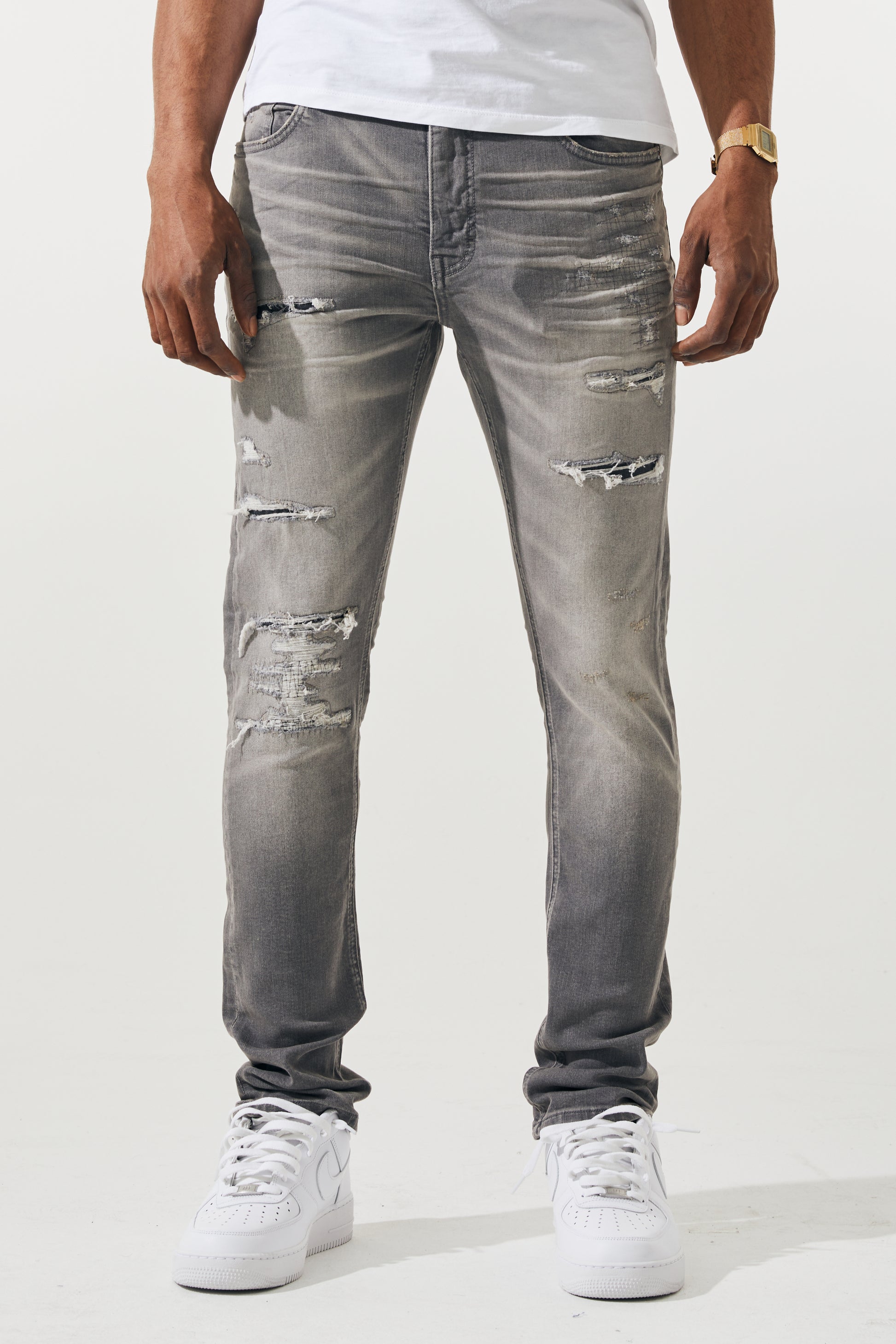 KROME Men's Premium Skinny Fit Rip and Repair Drift Jeans - Grey