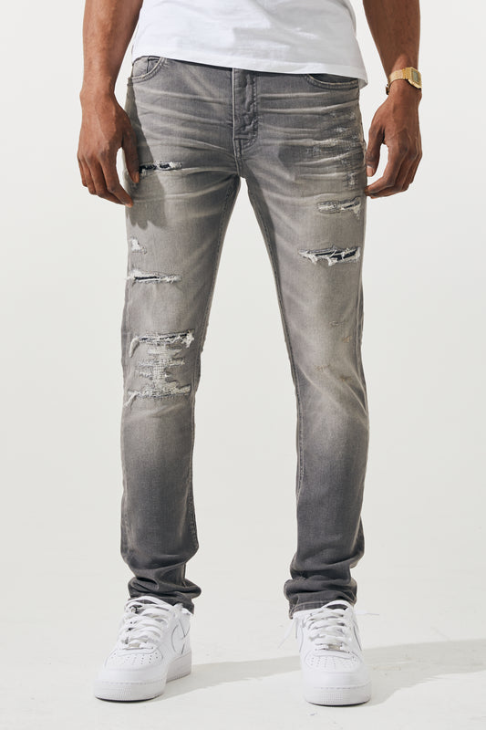 KROME Men's Premium Skinny Fit Rip and Repair Drift Jeans - Grey