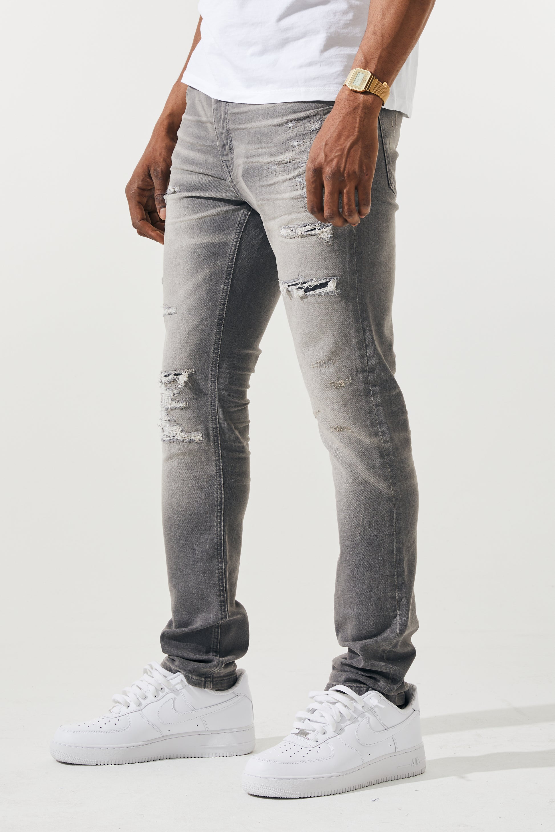 KROME Men's Premium Skinny Fit Rip and Repair Drift Jeans - Grey